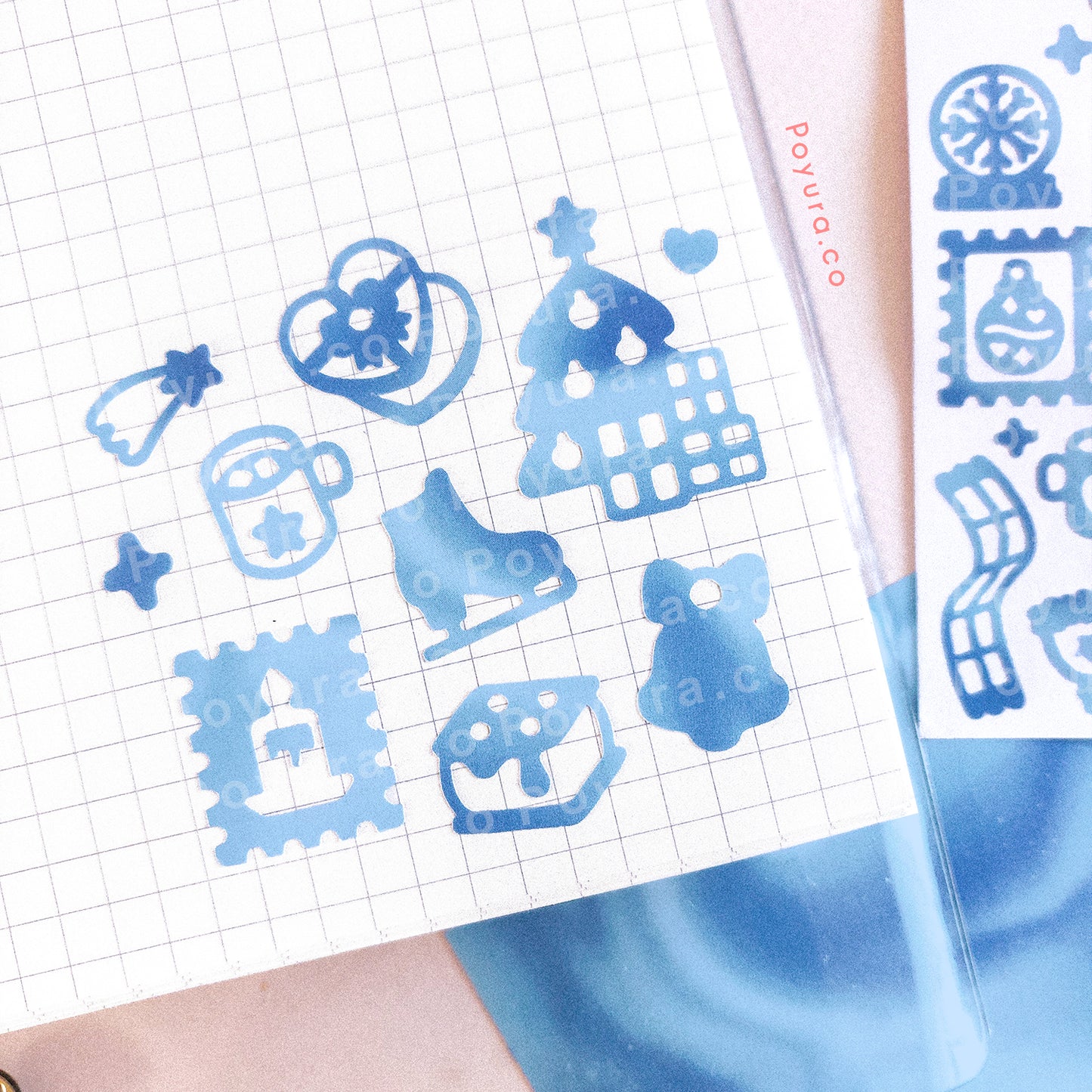Borderless sticker with Christmas cutouts in different blue tints