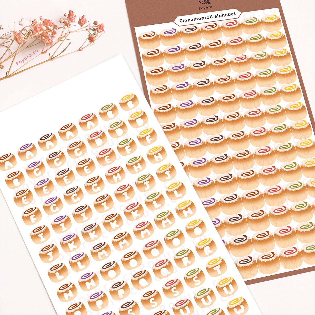 Sticker sheet of cute cinnamon rolls with alphabet letter cutouts