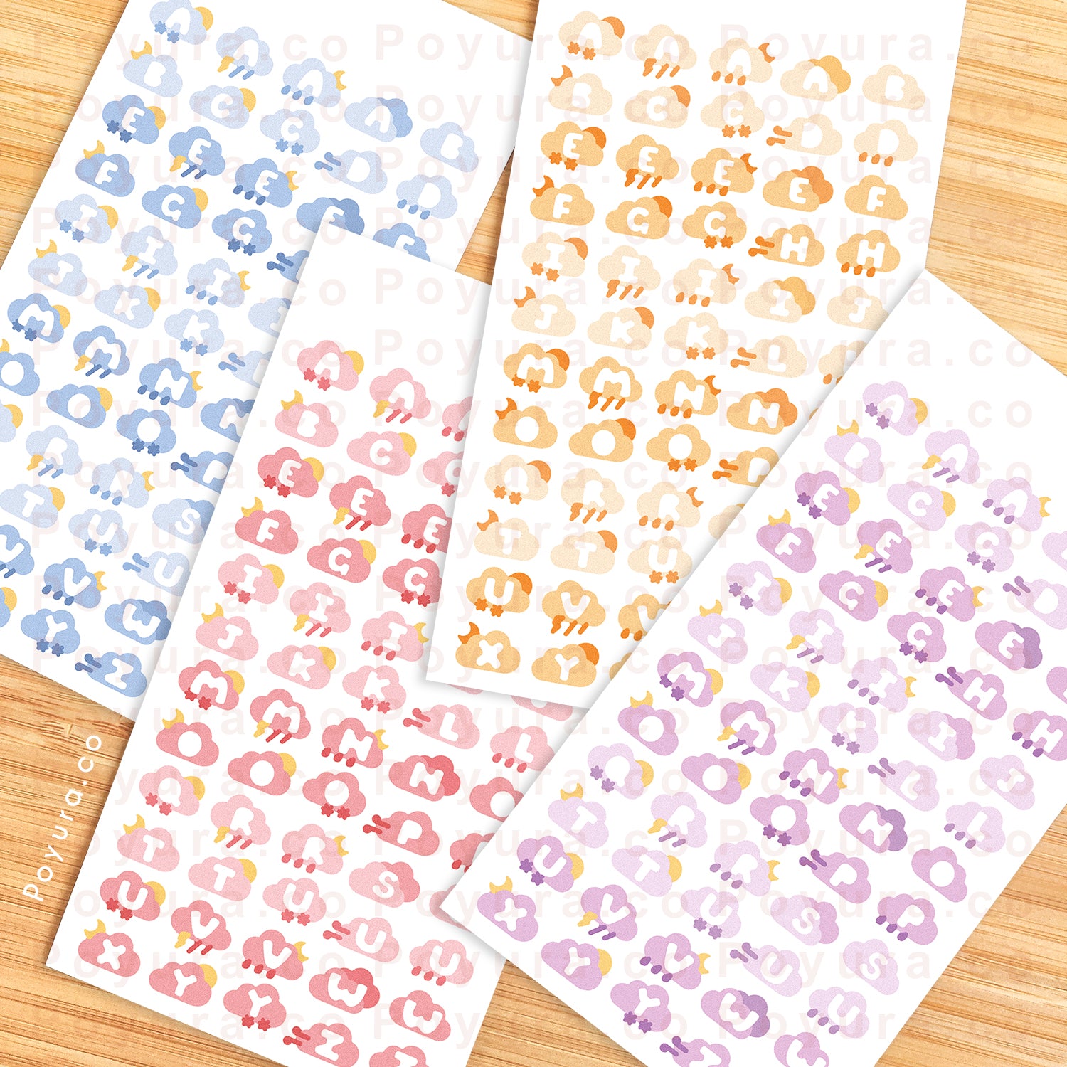 Sticker sheet of cute clouds with alphabet letter cutouts in 4 different colors