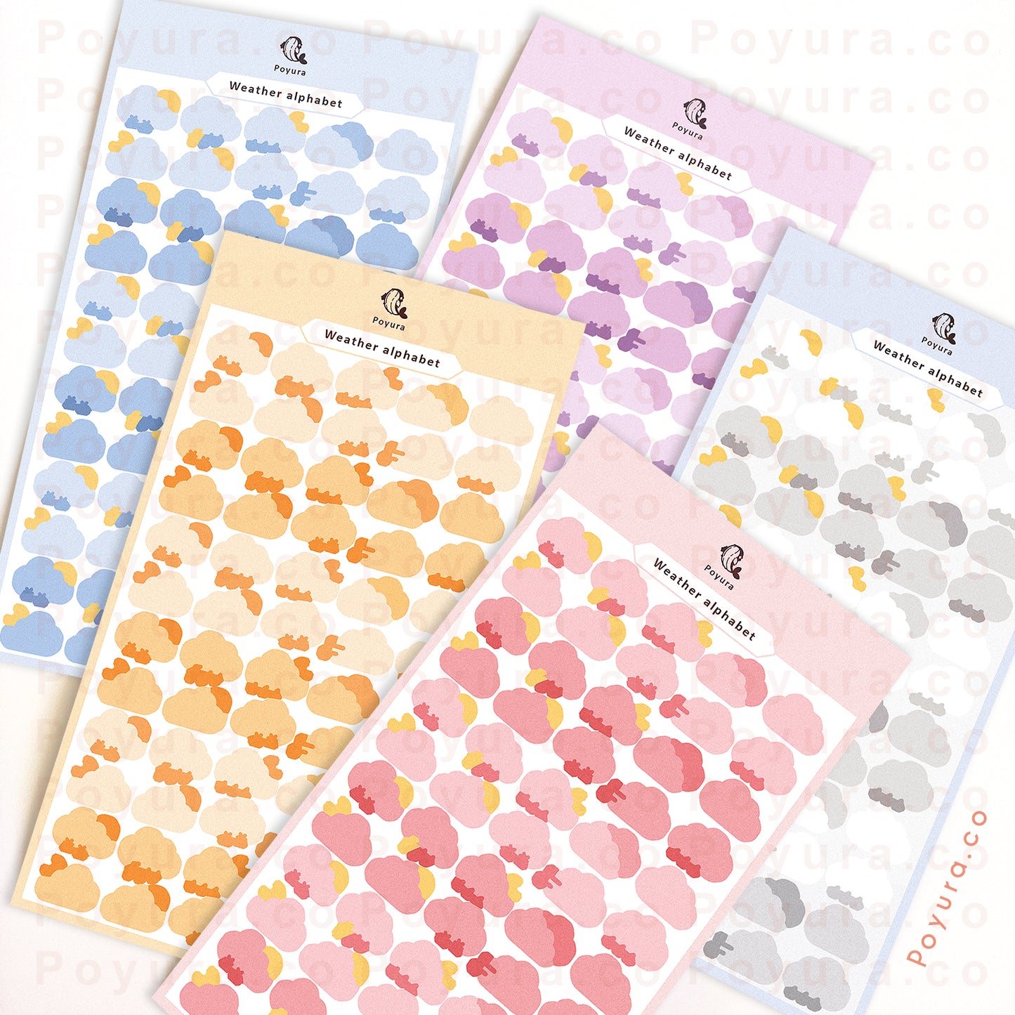 Set of 5 sticker sheets of cute clouds with alphabet letter cutouts in different colors