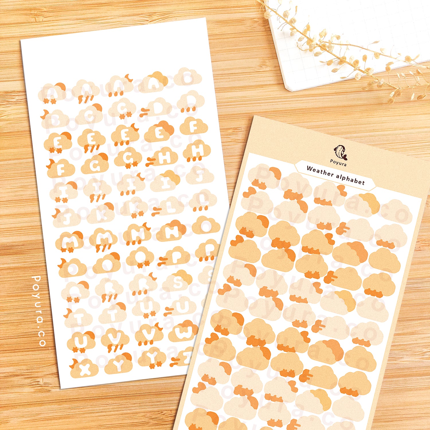 Sticker sheets of cute orange clouds with alphabet letter cutouts