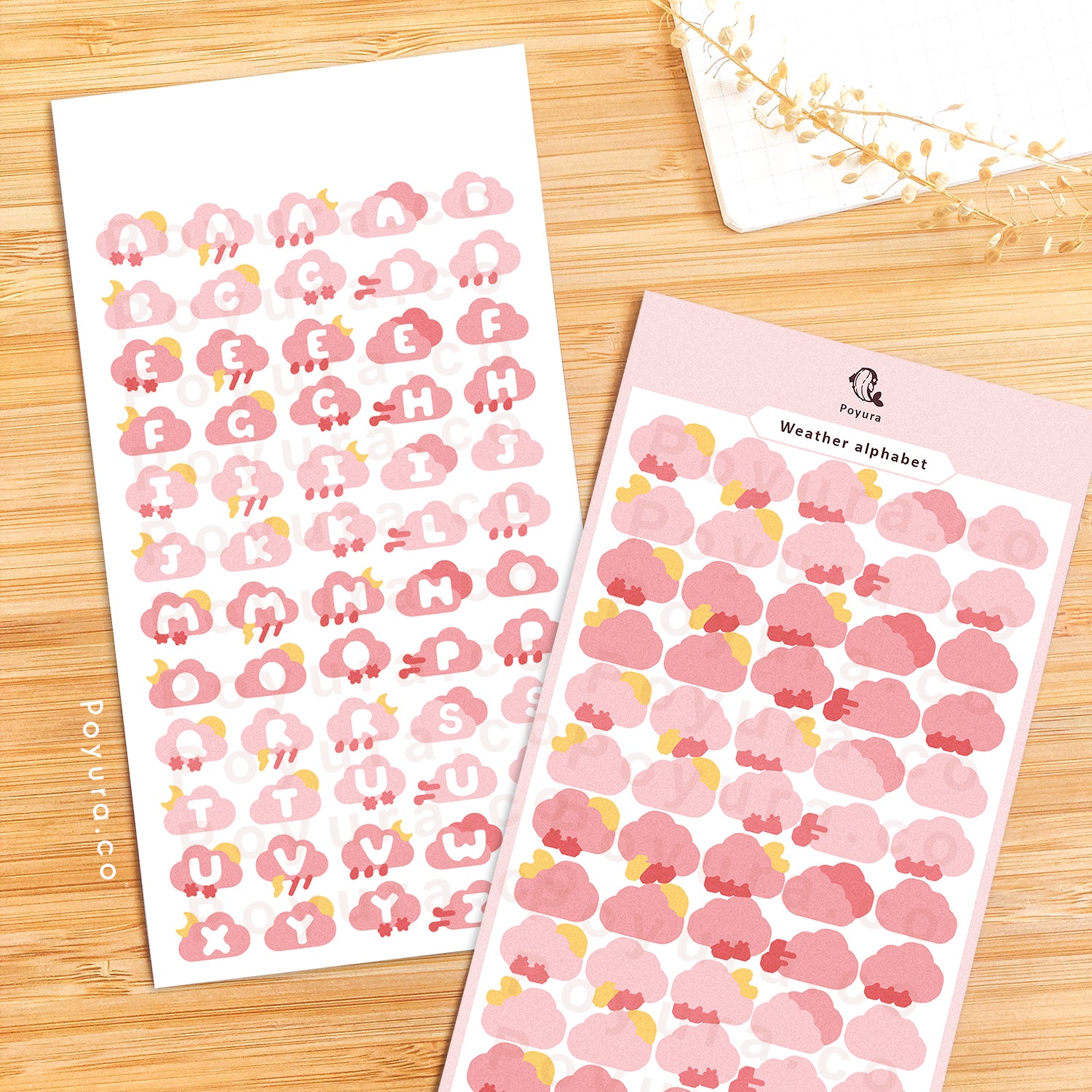 Sticker sheets of cute pink clouds with alphabet letter cutouts