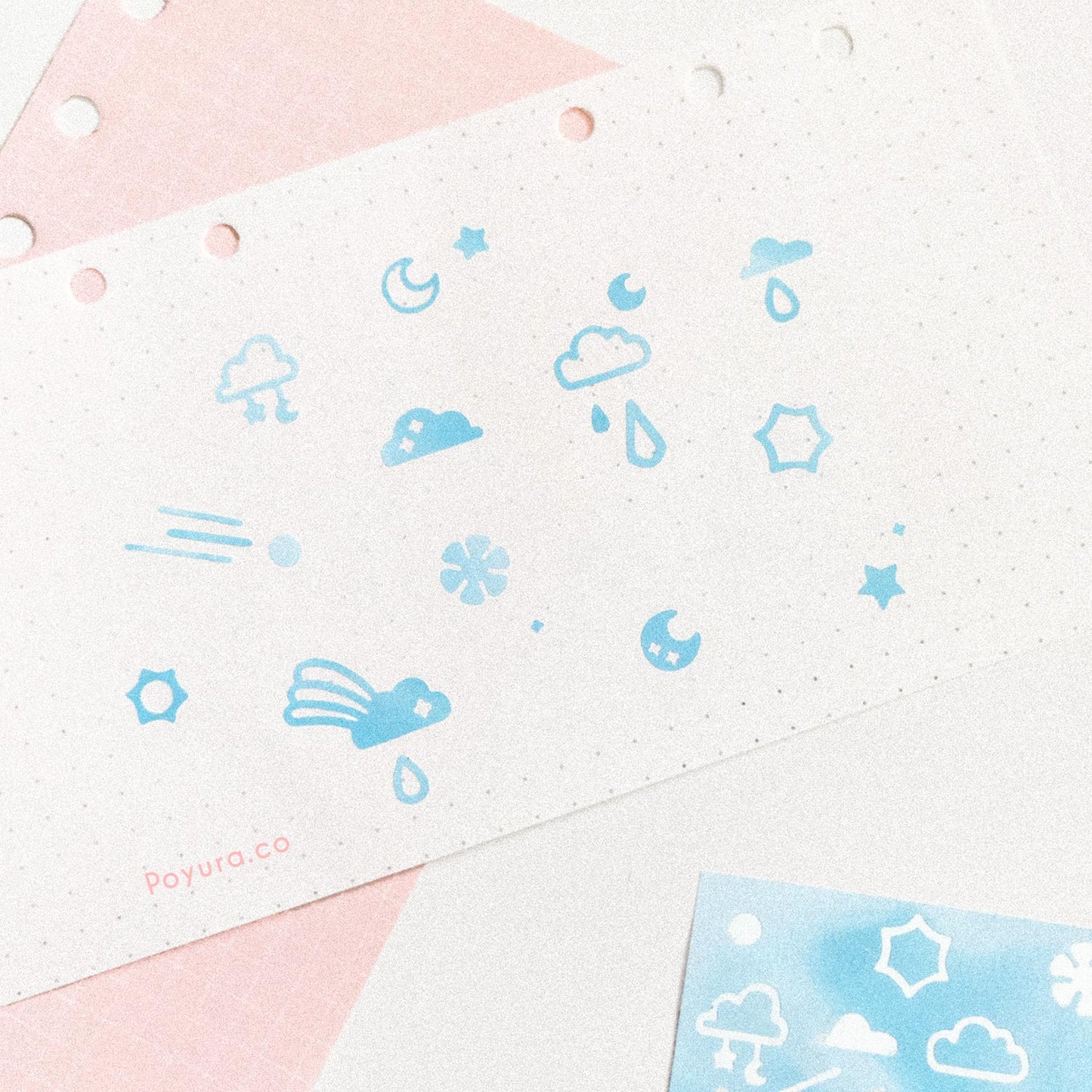 Borderless sticker with rainy clouds cutouts in different blue tints