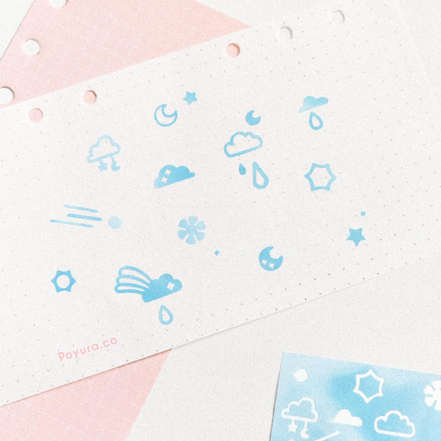 Borderless sticker with rainy clouds cutouts in different blue tints