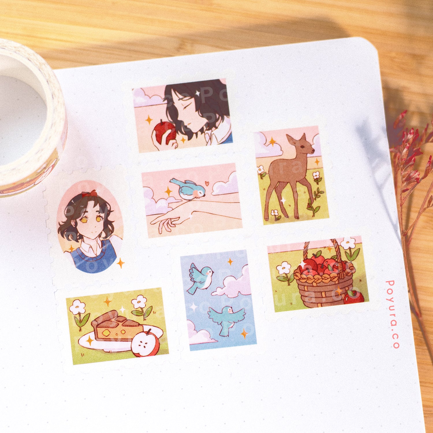 Stamp washi tape with seven different cottage-core forest animals with a cute girl design