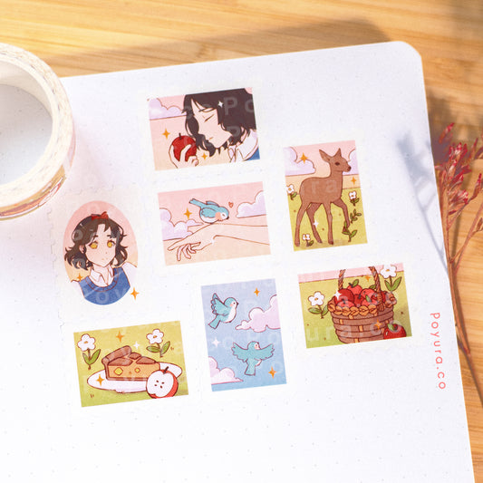 Stamp washi tape with seven different cottage-core forest animals with a cute girl design