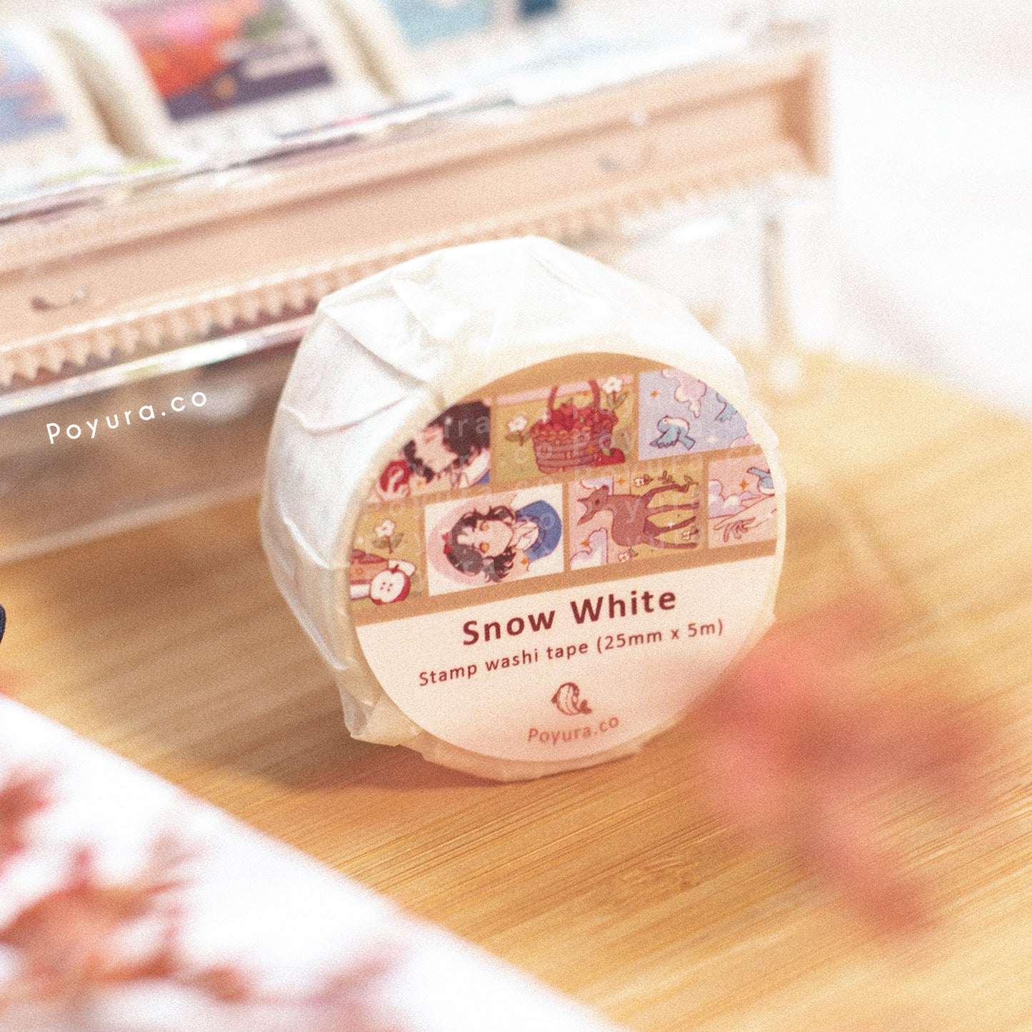Stamp washi tape with seven different cottage-core forest animals with a cute girl design