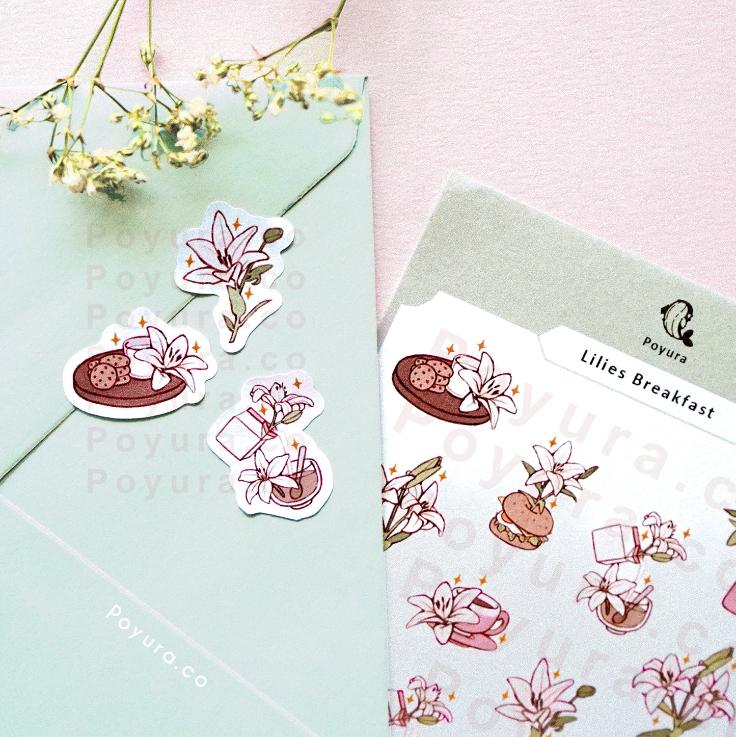 Lilies breakfast illustrative sticker sheet kpop polco toploader deco bujo journal penpal planner mini tiny confetti sticker aesthetic flower floral vase lily cafe food bagel bread carbs toast milk box