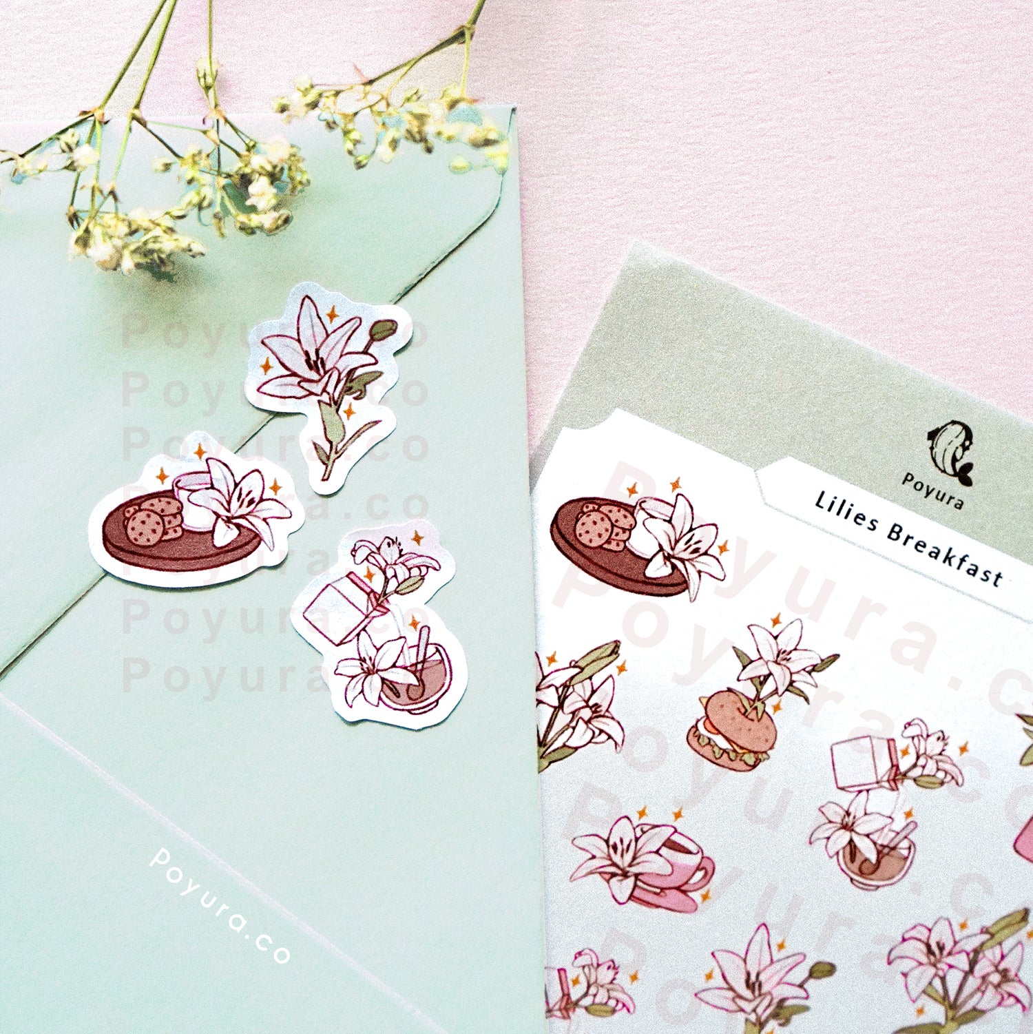 Lilies breakfast illustrative sticker sheet kpop polco toploader deco bujo journal penpal planner mini tiny confetti sticker aesthetic flower floral vase lily cafe food bagel bread carbs toast milk box