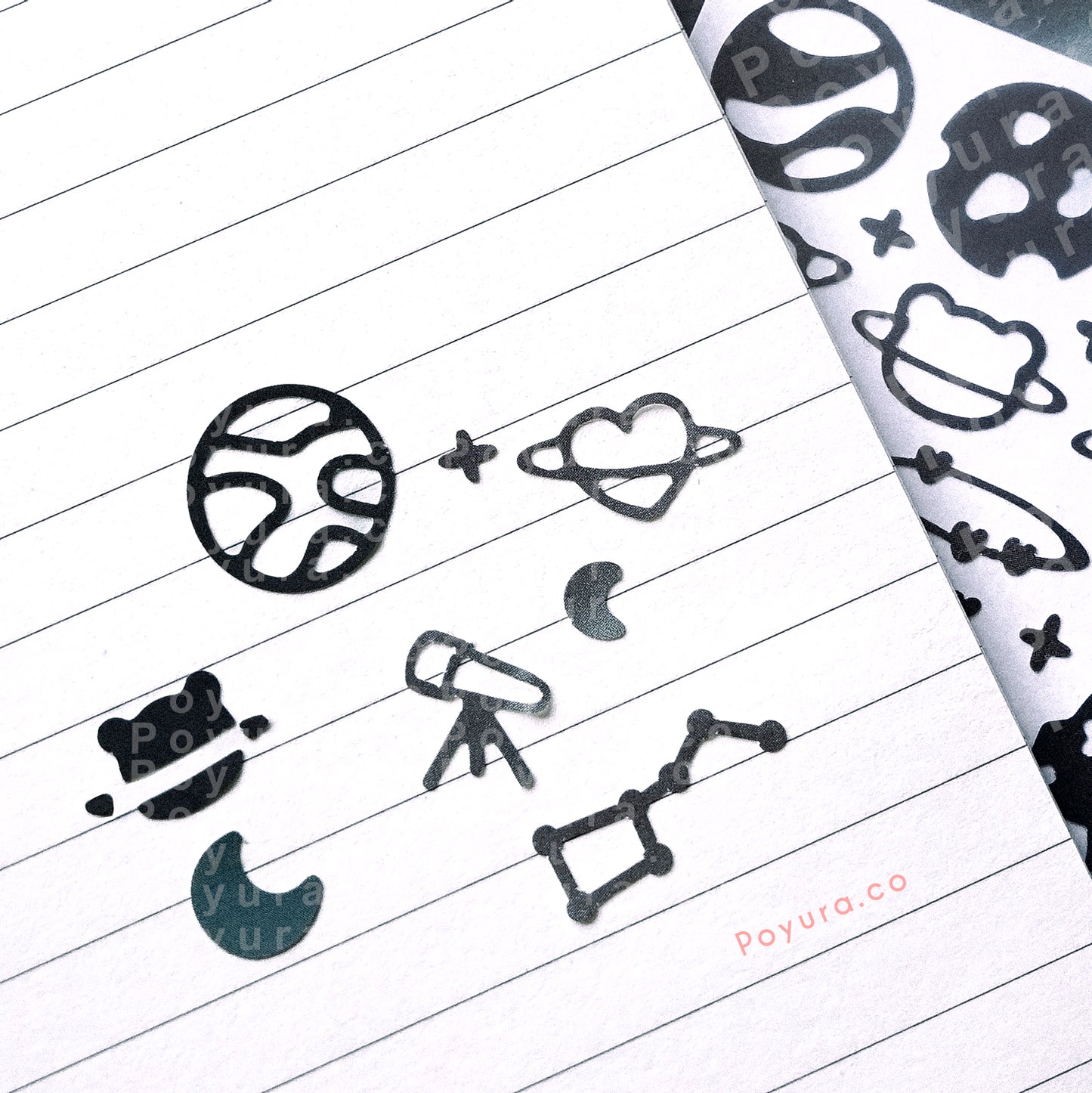 Space deco sticker colorway color palette korean photocard toploader penpal bujo journal planner gold silver sticker sheet tiny confetti astronaut spaceship alien abduction sun sparkle moon telescope stargazing shooting star planet bear heart