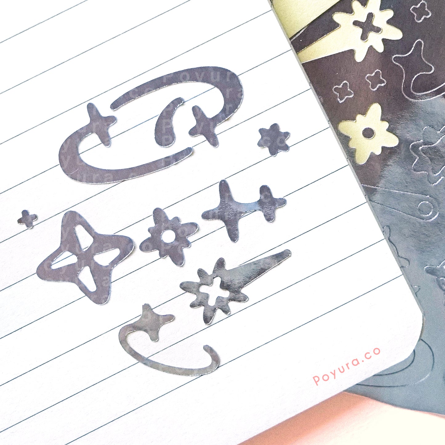 Shooting star deco sticker colorway color palette korean photocard toploader penpal bujo journal planner sticker sheet tiny confetti gold silver foil foiled sticker sparkle moon shine comet space planet twinkle