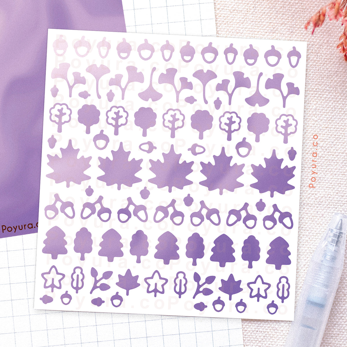 Borderless sticker with leaf and acorn cutouts in different purple tints