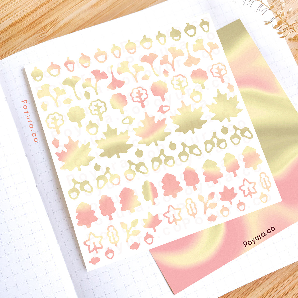 Borderless sticker with leaf and acorn cutouts in different yellow and pink tints
