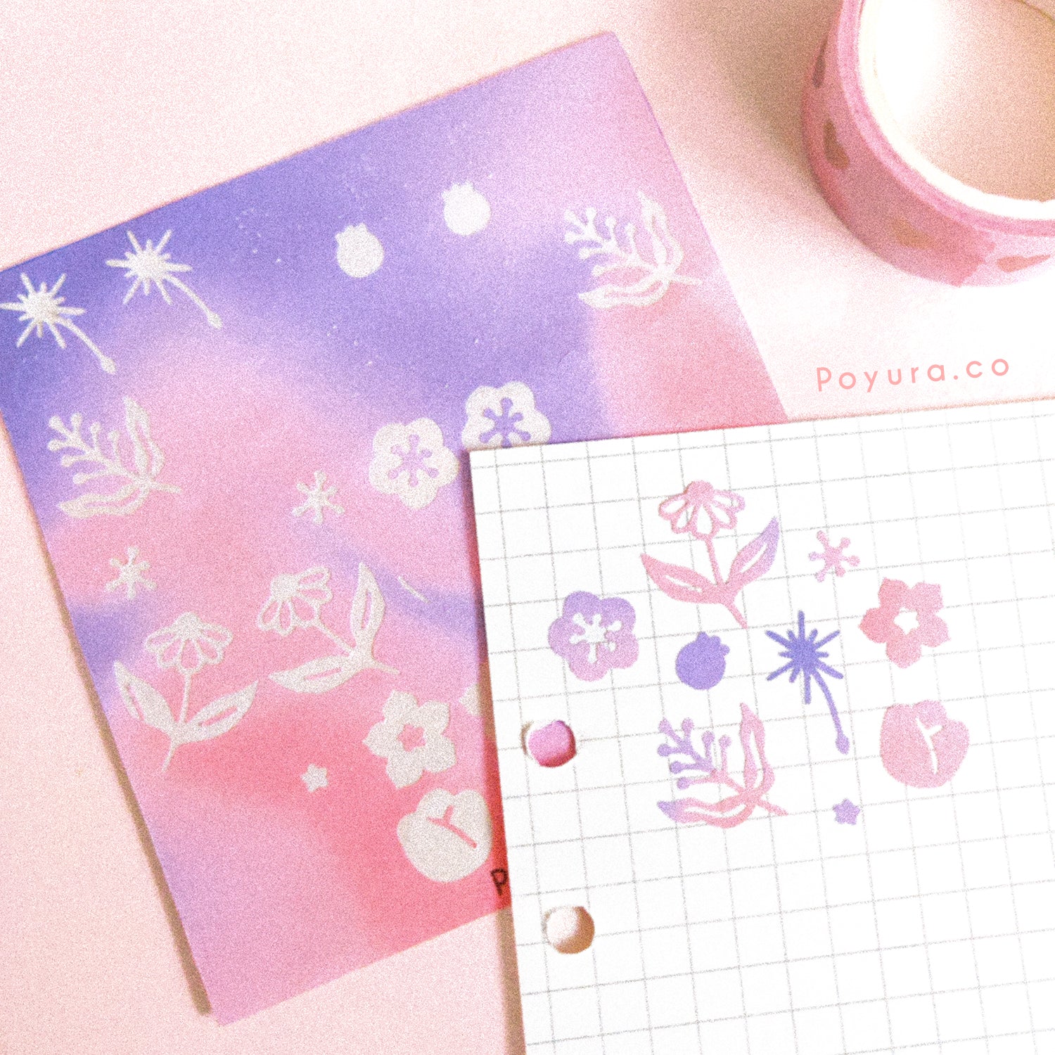 Borderless sticker with cute leave and flower cutouts in different pink and purple tints