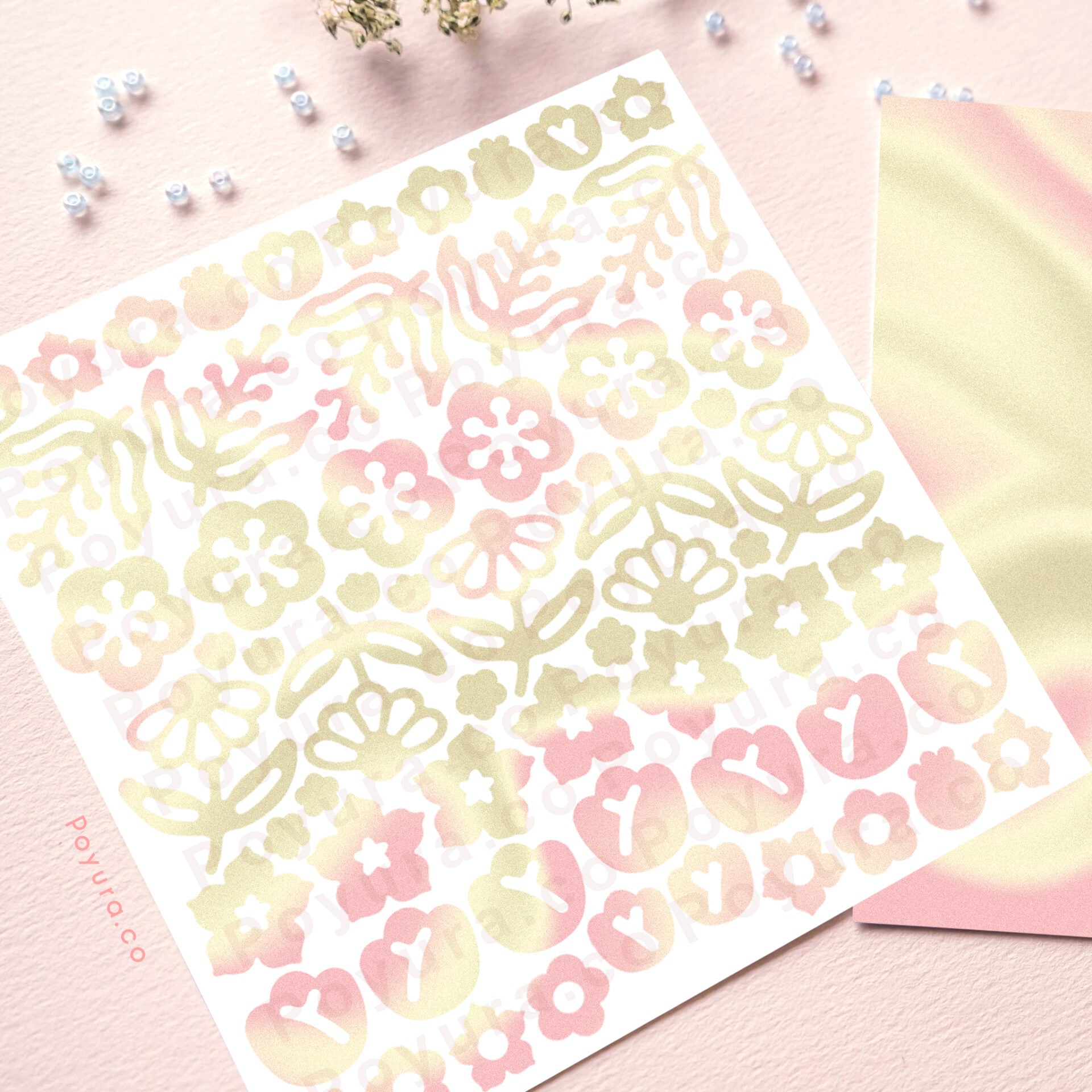 Borderless sticker with flowers cutouts in different green and pink tints