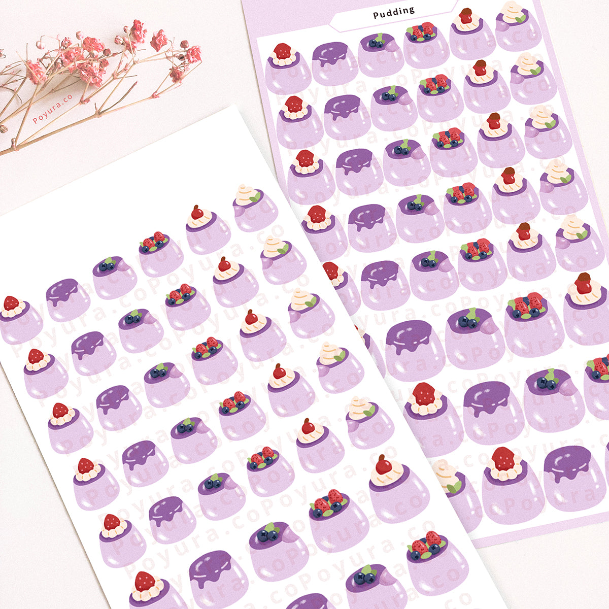 Sticker sheets of purple grape puddings.