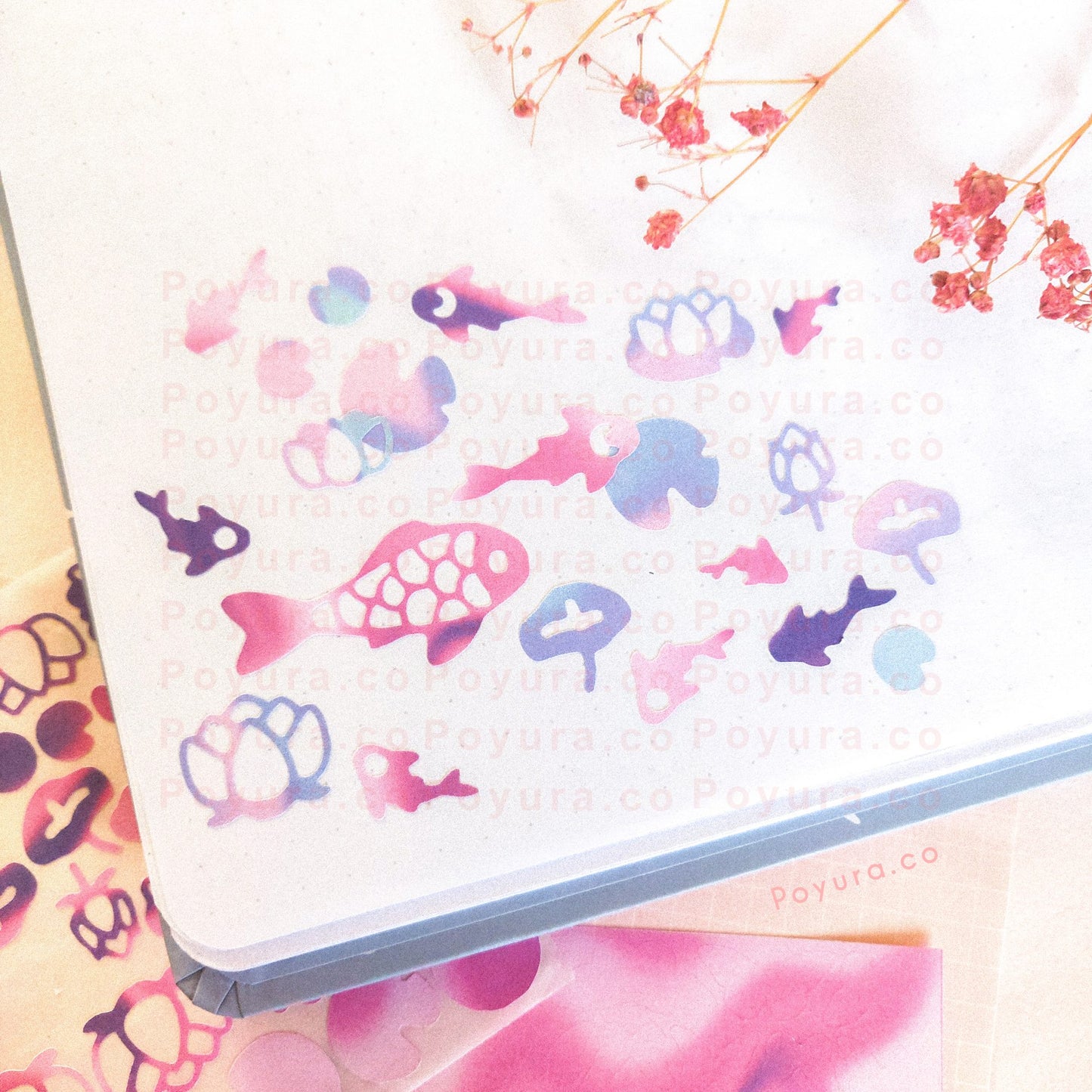 Koi fish sea animal lotus flower lily pad floral plant leaves leaf cute polco deco kpop journal mini sticker sheet