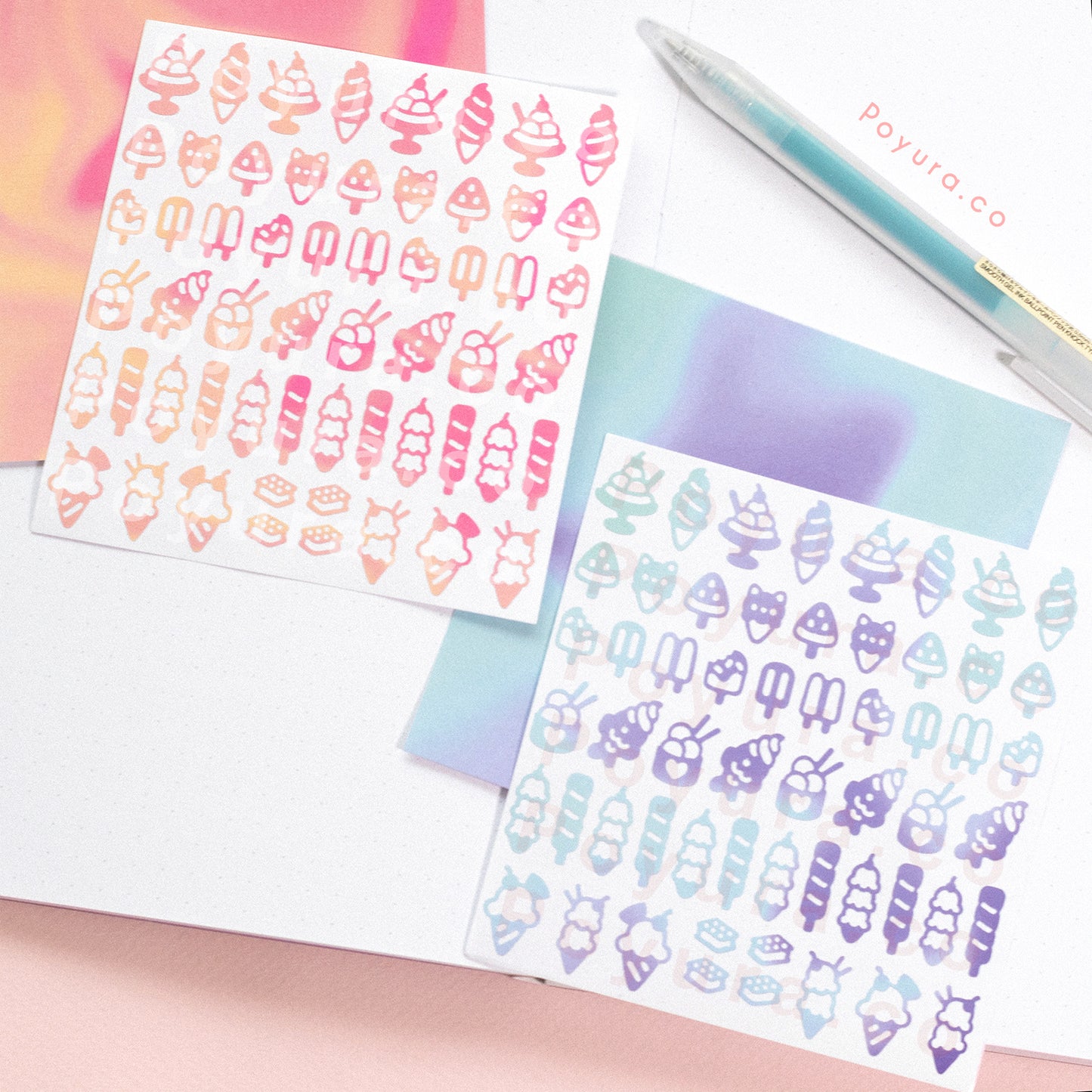 Ice cream deco sticker colorway color palette korean photocard toploader penpal bujo journal planner sticker sheet tiny confetti gelato sundae fruit popsicle summer food ice watermelon water parfait sorbet Neapolitan cornet ice lolly taiyaki Japan waffle chocolate candy sweet banana split