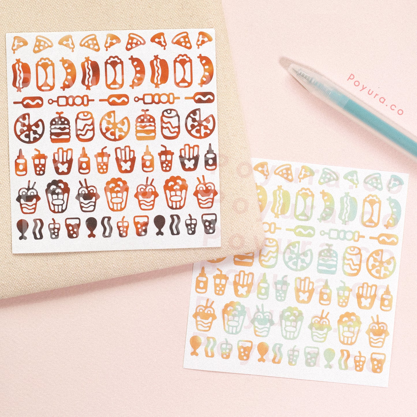Fast food deco sticker colorway color palette korean photocard toploader penpal bujo journal planner sticker sheet tiny confetti pizza hotdog wrap burrito sausage bbq barbeque Korean corndog street food midnight snack skewer hamburger soda mcdonalds cola pepsi carbonated drink Sriracha french fries chips ramen noodle popcorn chicken drumstick bacon breakfast lunch diner movie date night