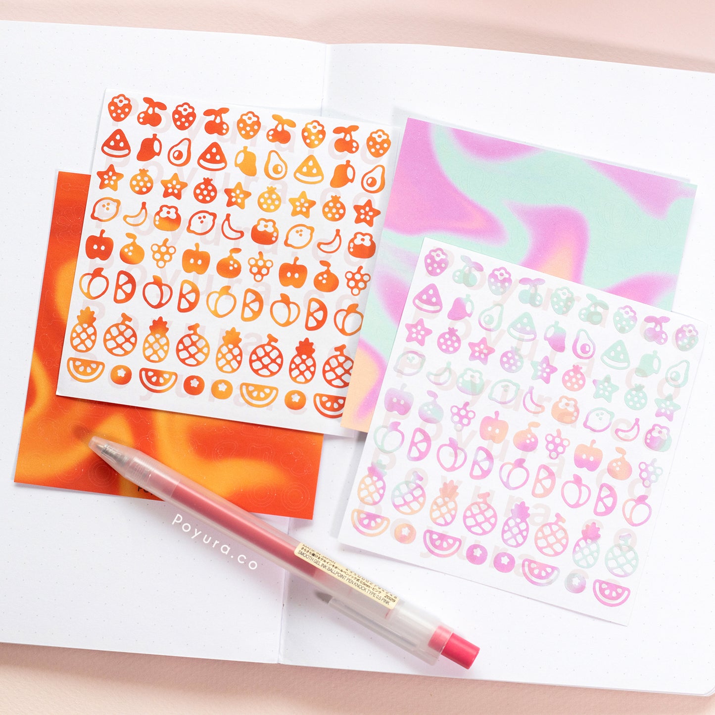 Fruit deco sticker colorway color palette korean photocard toploader penpal bujo journal planner sticker sheet tiny confetti food spring summer berries strawberry cherry watermelon mango avocado starfruit grapefruit lemon citrus banana persimmon apple orange mandarin grape peach pineapple melon soda blueberry