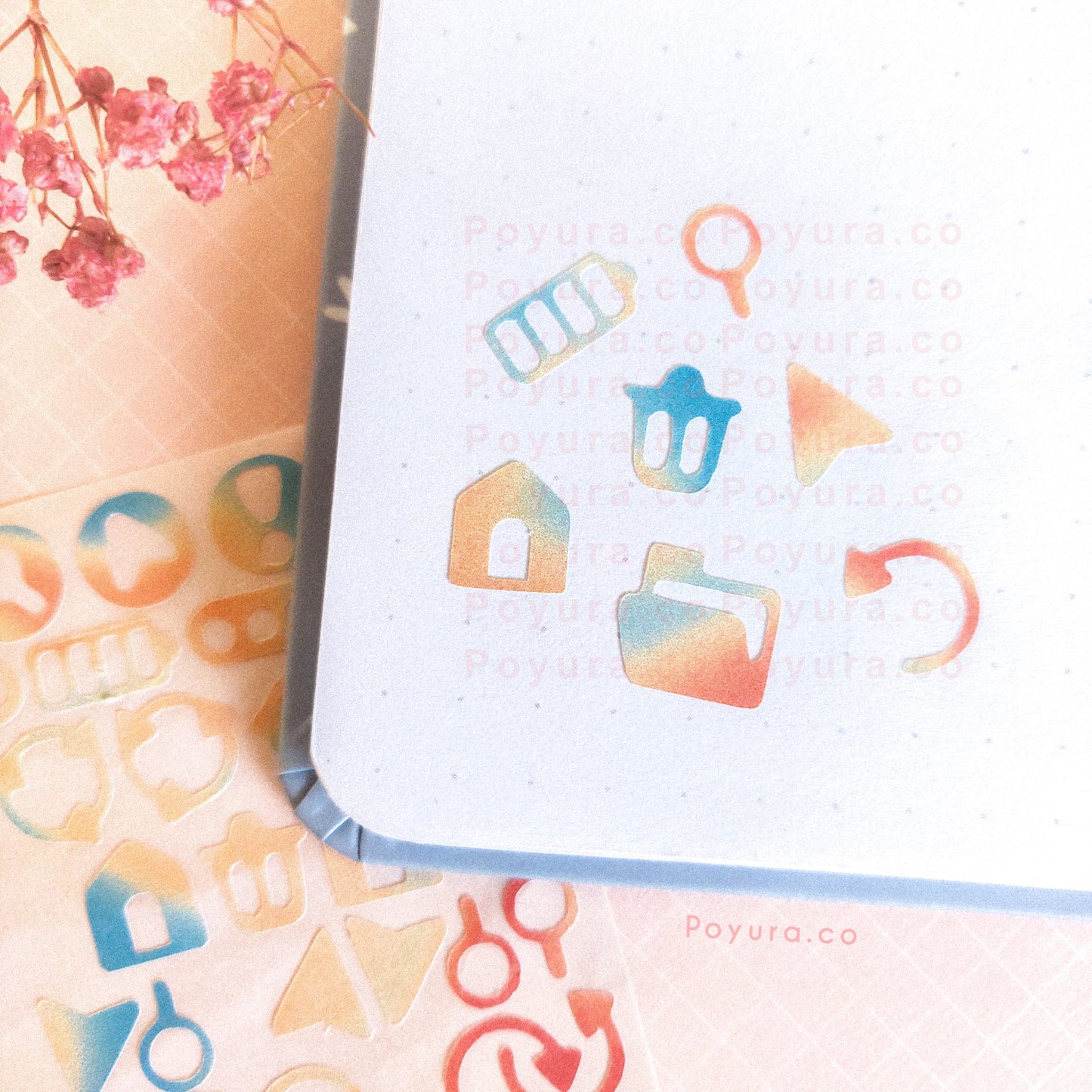 Borderless sticker with computer icon cutouts in different blue, orange, and red tints