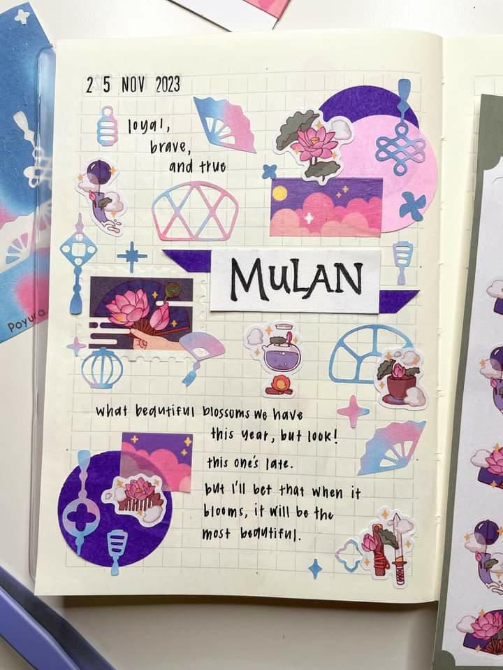 Purple pink journal spread with water lilies, fans, and lanterns