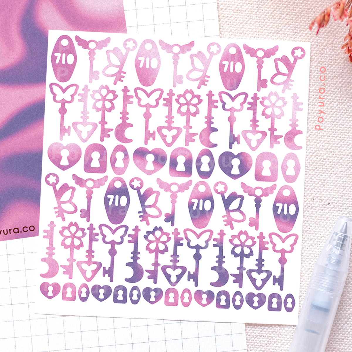 Borderless sticker with key and lock cutouts in different purple tints