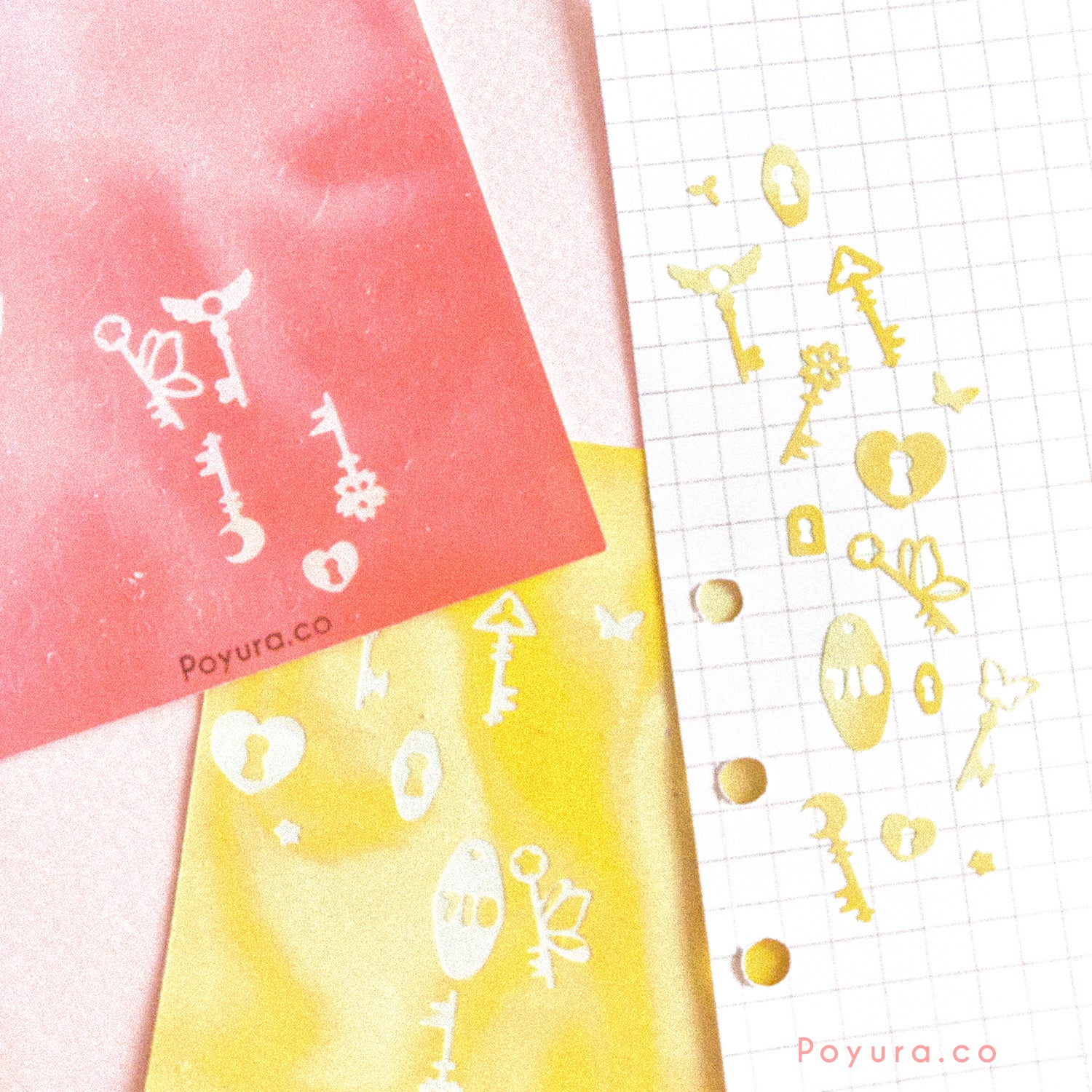 Borderless sticker with key and locks cutouts in different red and yellow tints