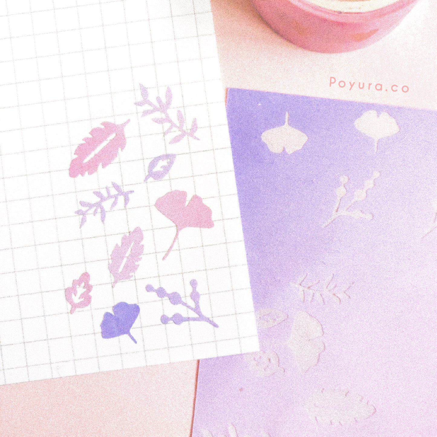 Borderless sticker with leaves cutouts in different pink and purple tints