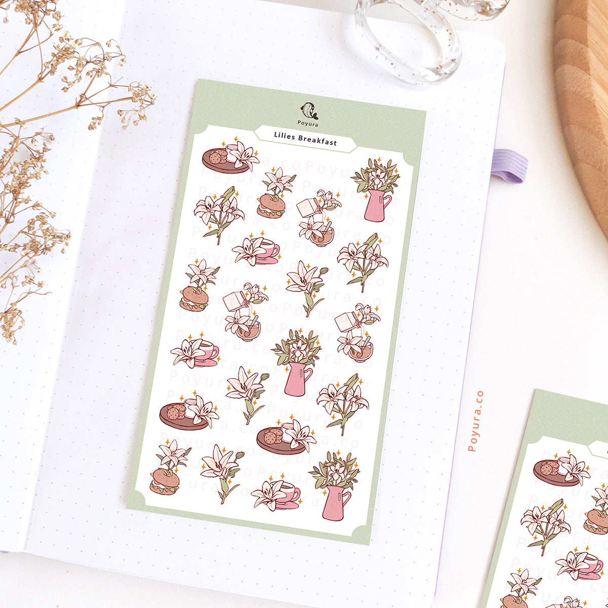 Sticker sheet of cute lilies flowers and breakfast