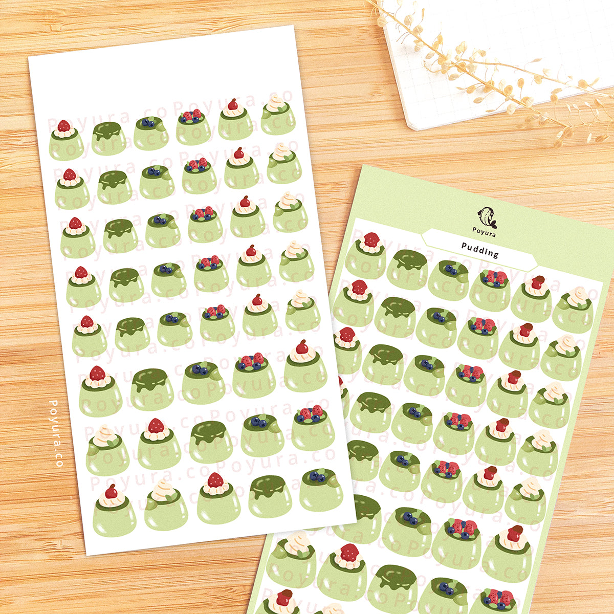 Sticker sheets of green matcha puddings.
