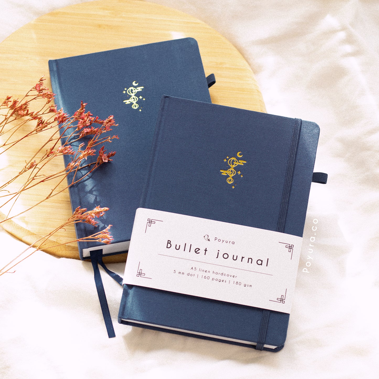 Navy blue A5 linen hardcover Asian lantern bullet journal with 160 pages
