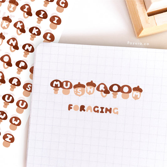 Sticker sheet of cute fall mushrooms with alphabet letter cutouts