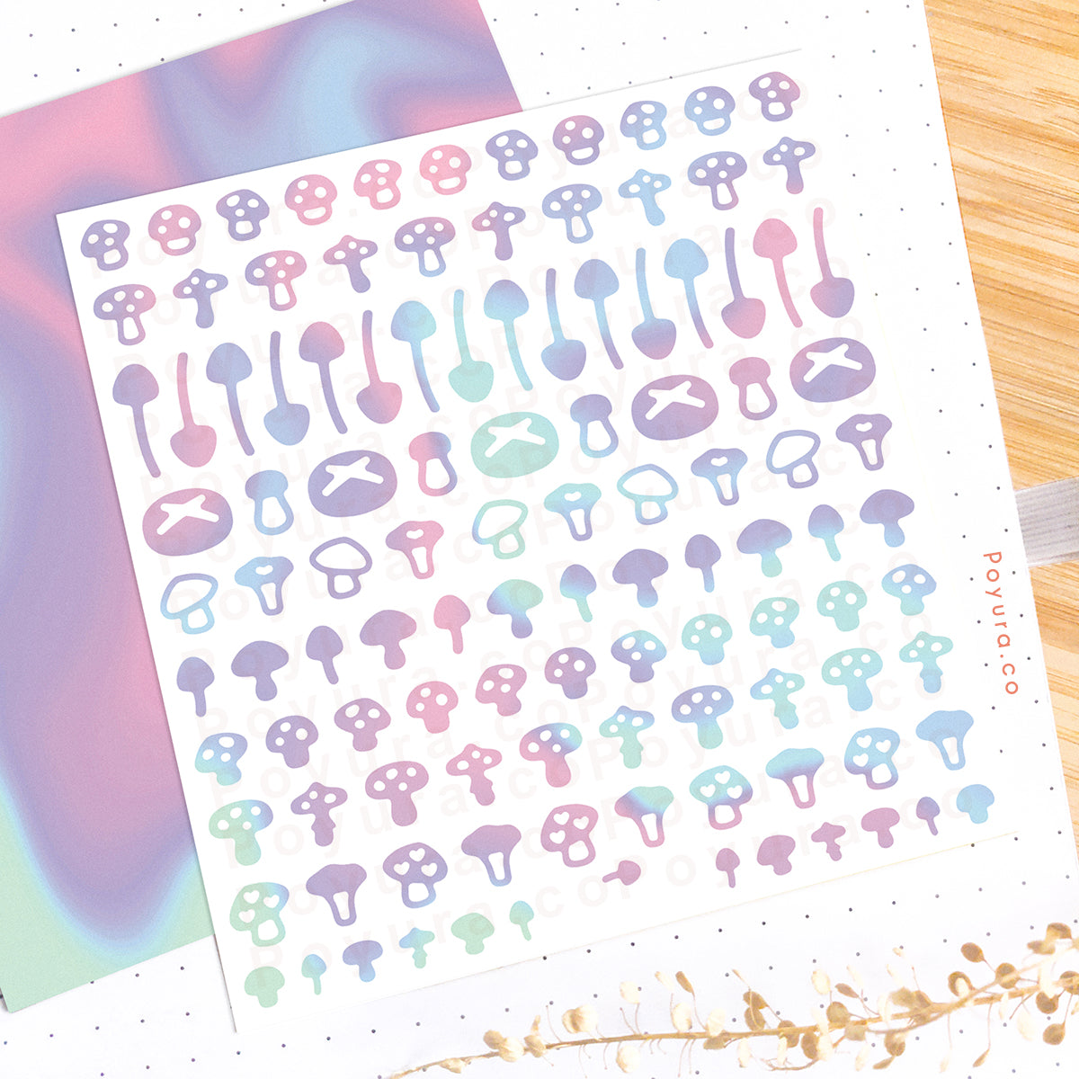 Borderless sticker with mushroom cutouts in different pink, purple, and blue tints