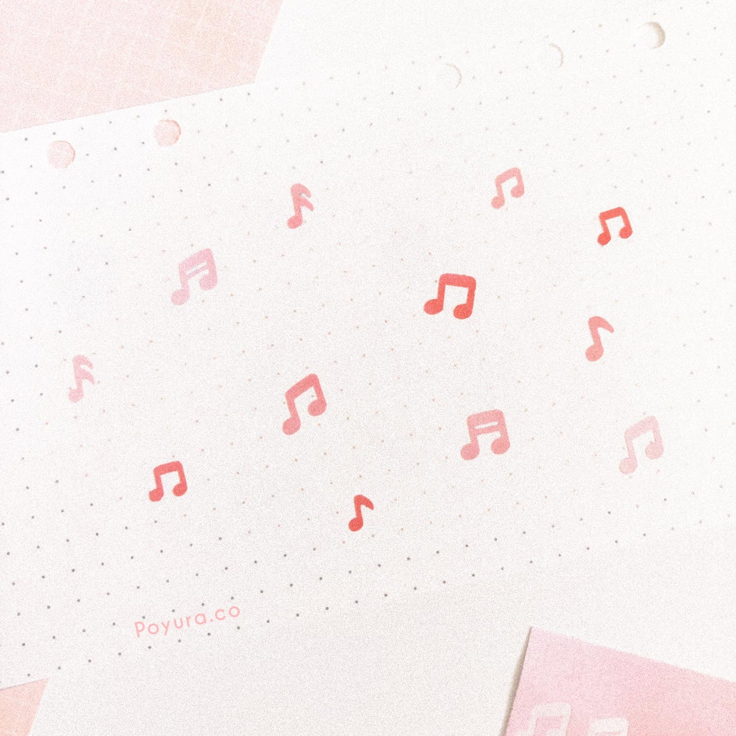 Borderless sticker with music note cutouts in different red tints