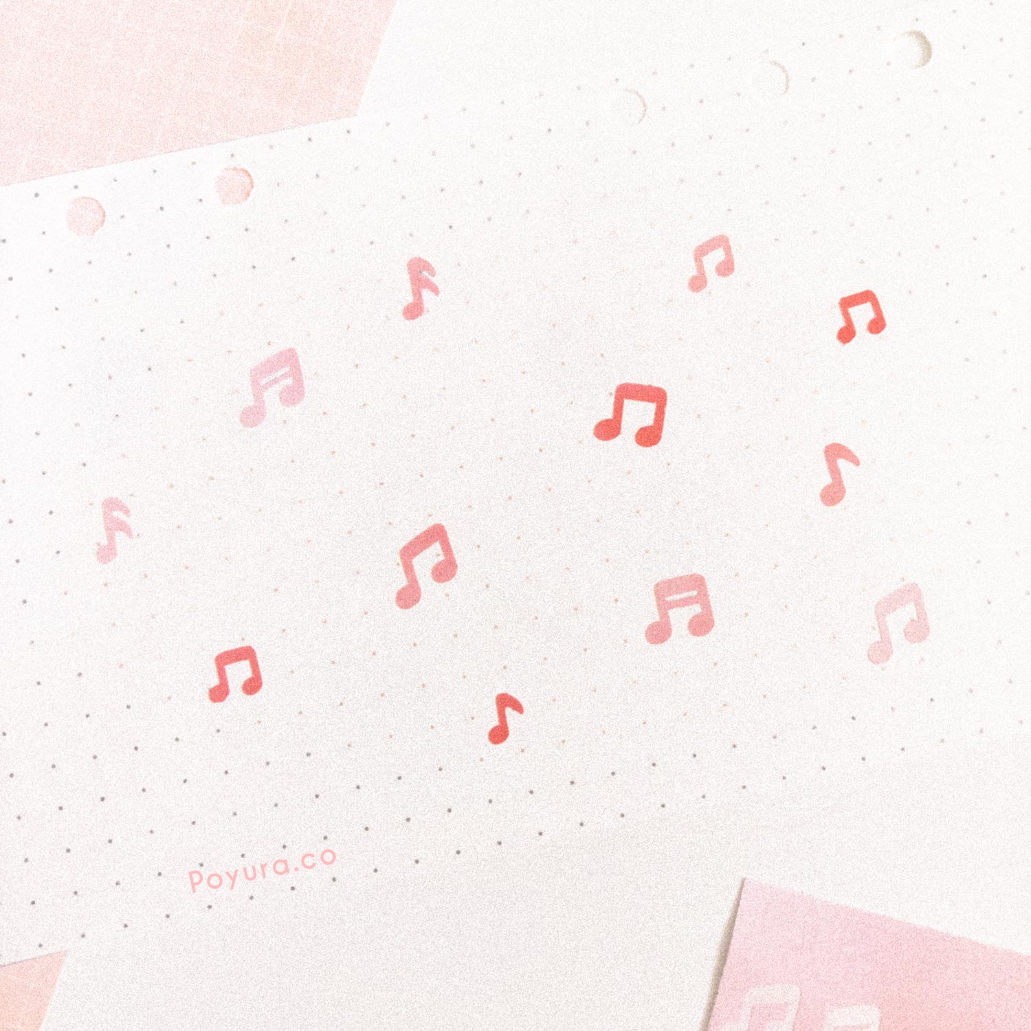 Borderless sticker with music note cutouts in different red tints