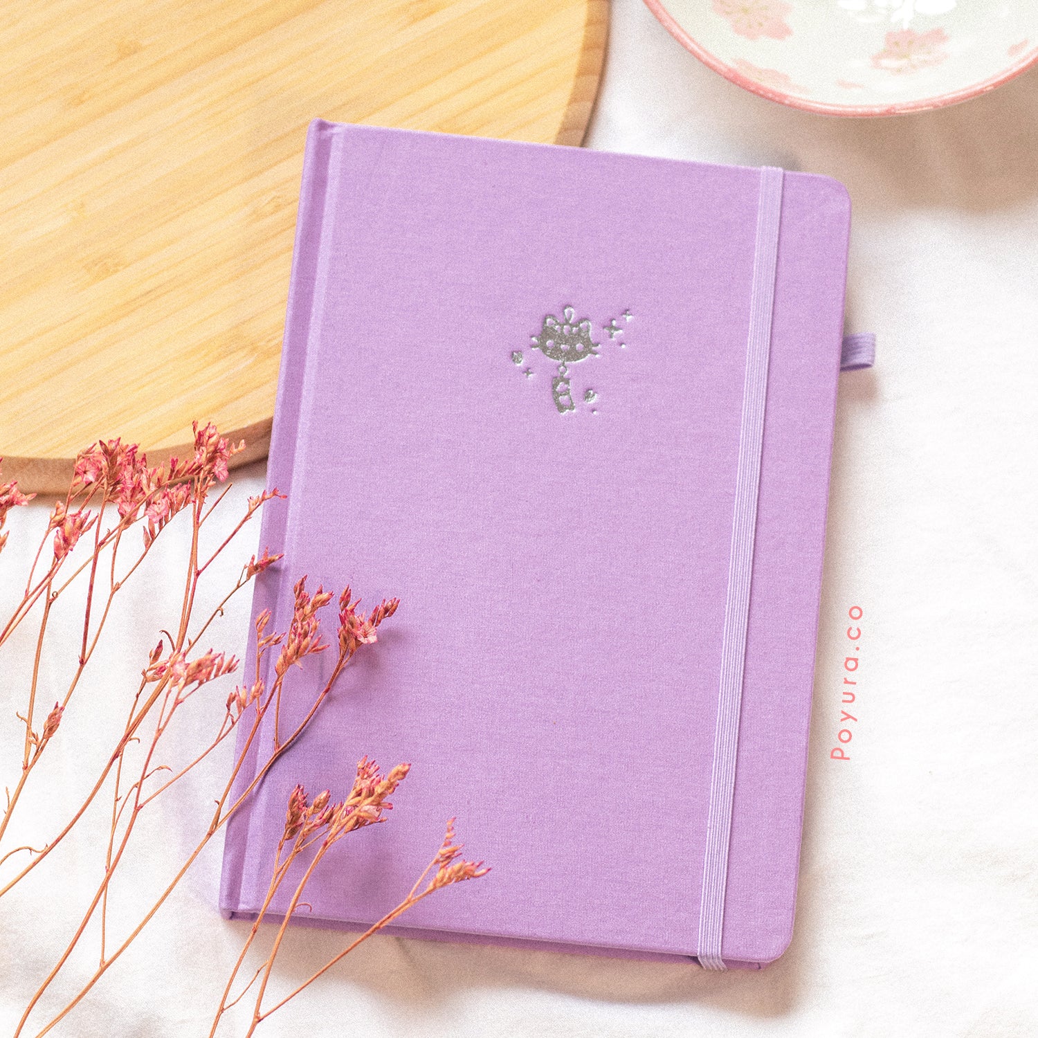 Purple A5 linen hardcover Asian cat windchime bullet journal with silver foil finish
