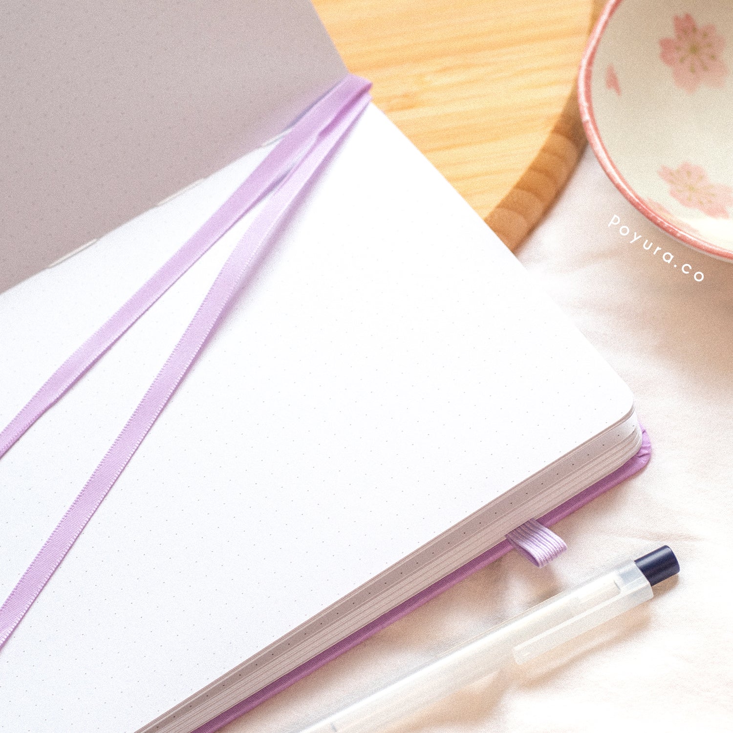 Purple A5 linen hardcover Asian cat windchime bullet journal with dotted paper and two bookmarks