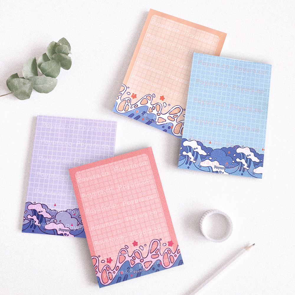 Bundle of four different colored ocean waves memo pad with grid