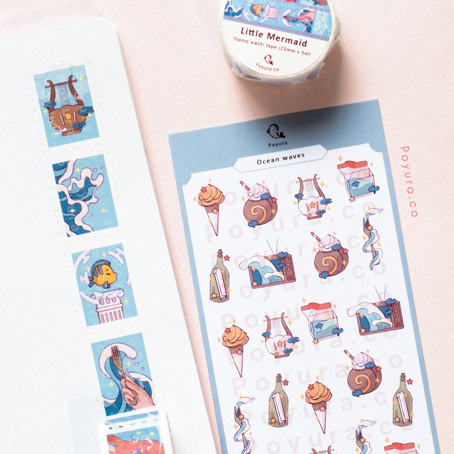 Set of matching stamp washi tape and sticker of cute ocean and wave aesthetic
