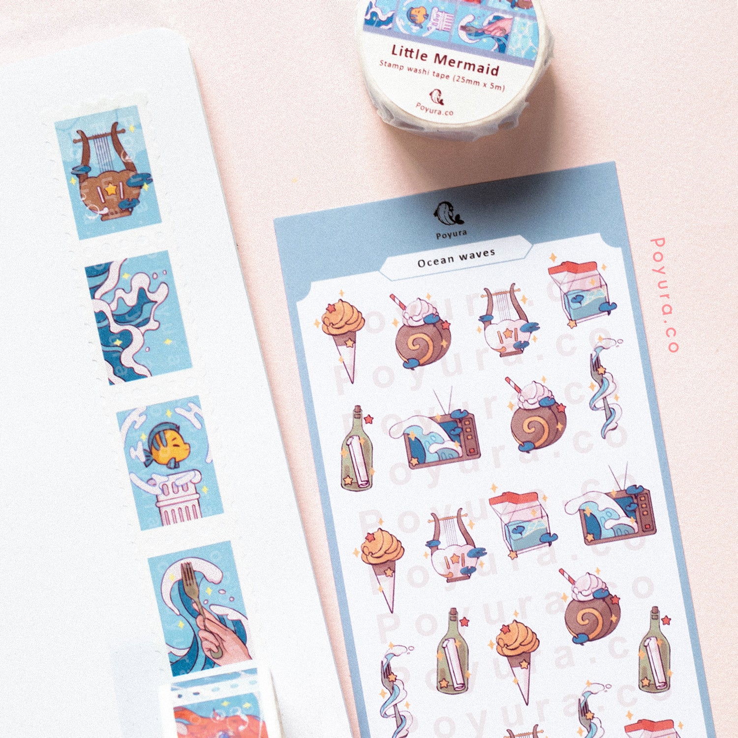 Set of matching stamp washi tape and sticker of cute ocean and wave aesthetic