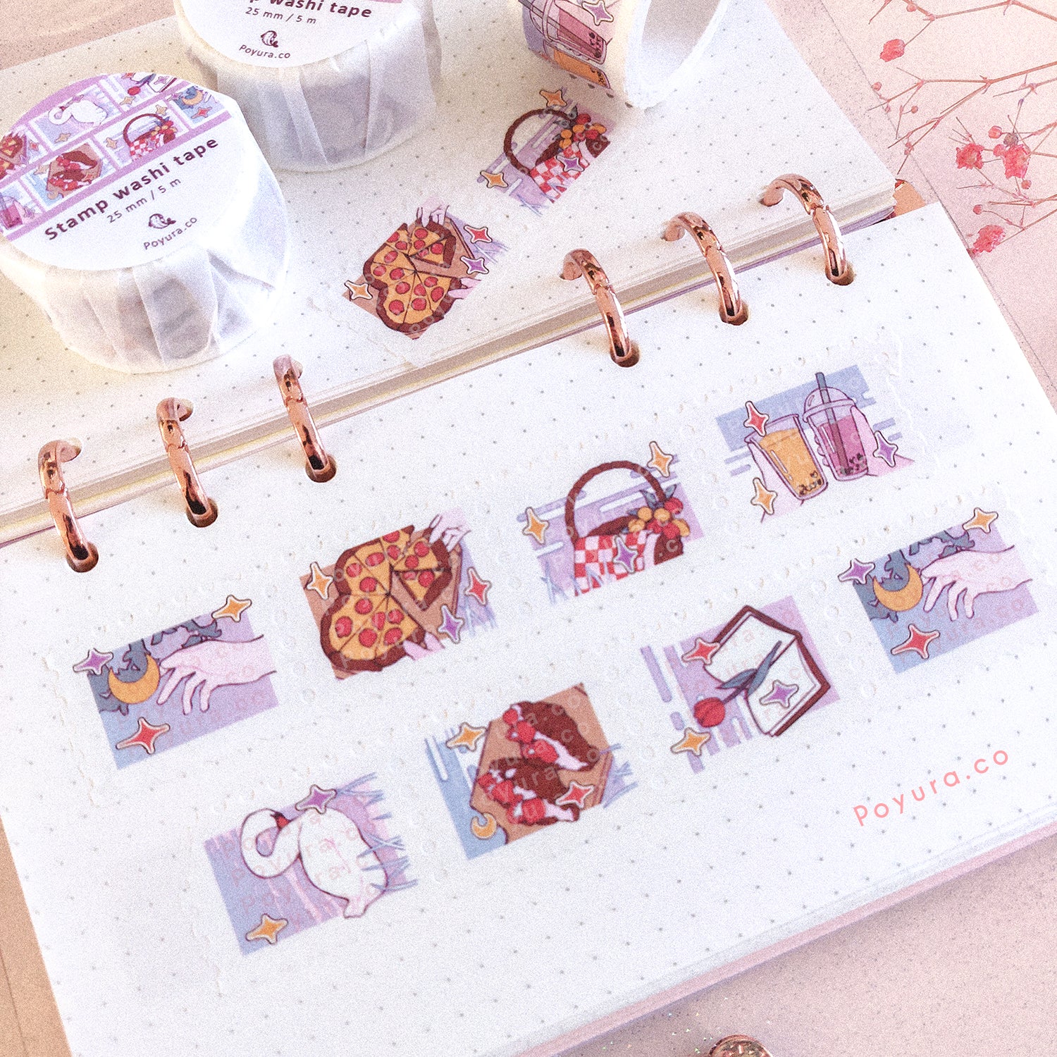 Stamp washi tape of a picnic date with heart pizza, croissant with strawberry and boba