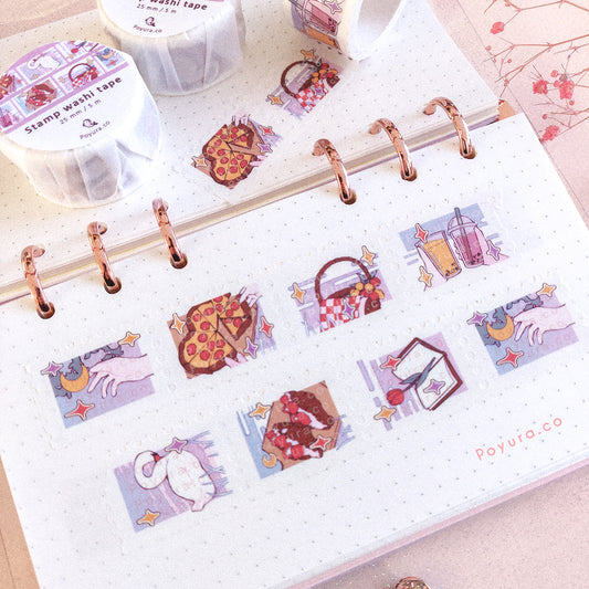 Stamp washi tape of a picnic date with heart pizza, croissant with strawberry and boba