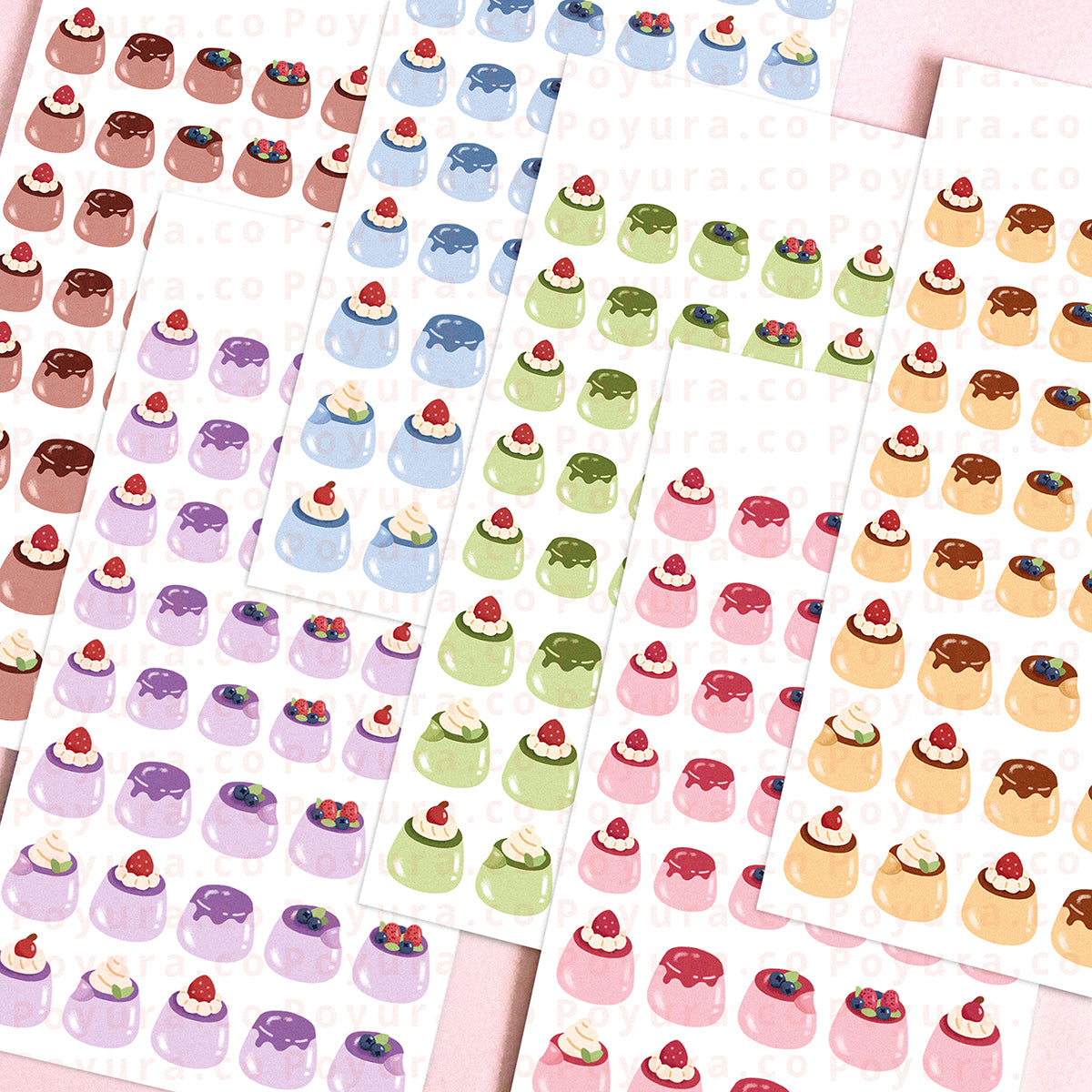 Sticker sheets of puddings. Avalable in yellow, pink, green, blue, purple, and a brown sheet.