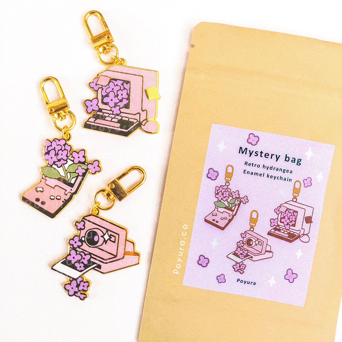 Gacha bag of cute retro objects and purple hydrangea enamel keychain