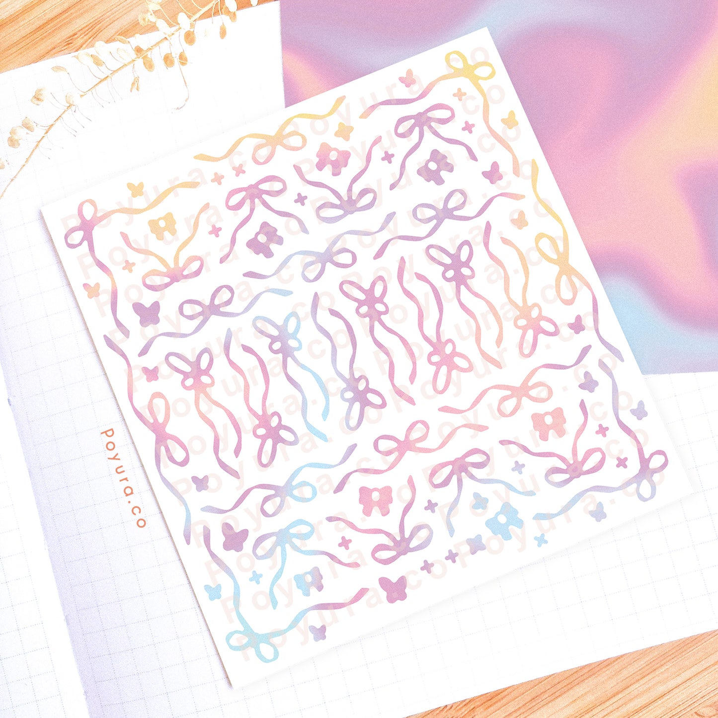 Borderless sticker with cute ribbon and sparkle cutouts in different yellow, orange, purple, and blue tints