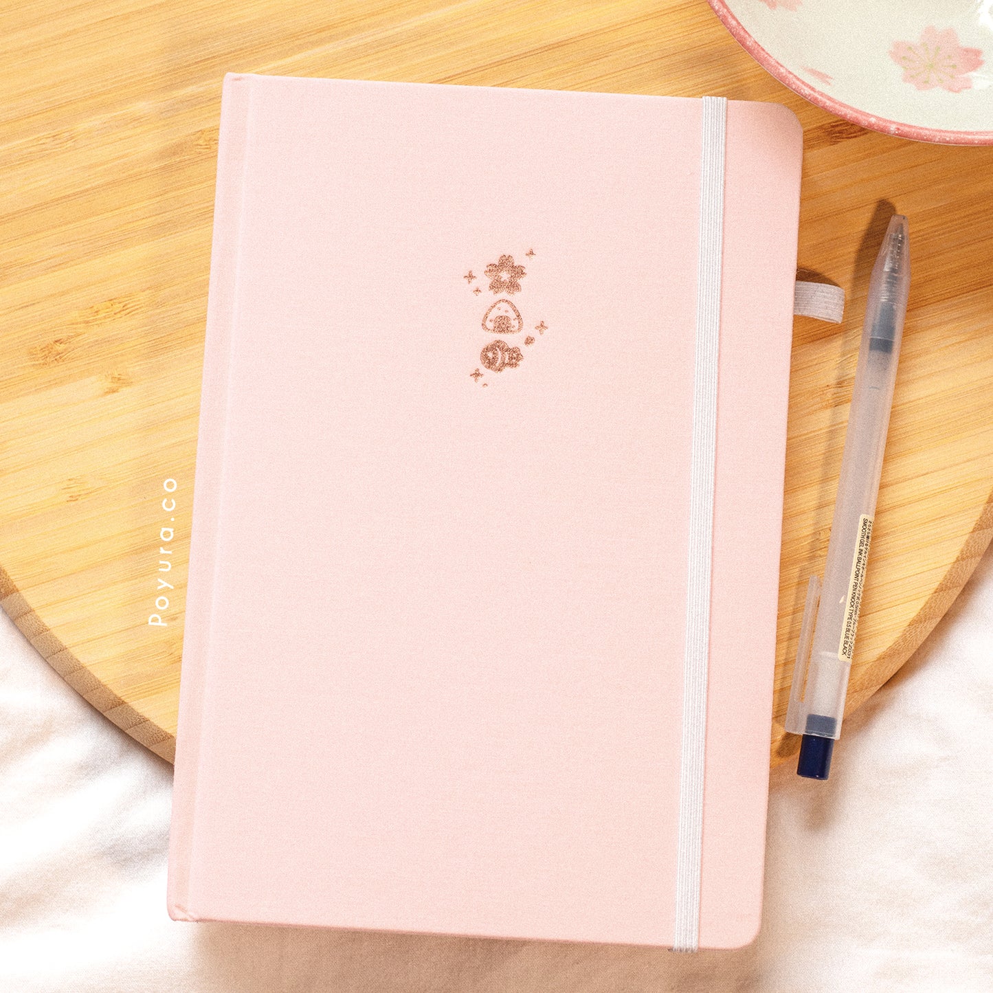 Pink A5 linen hardcover Asia oriental bullet journal with rose gold foil finish