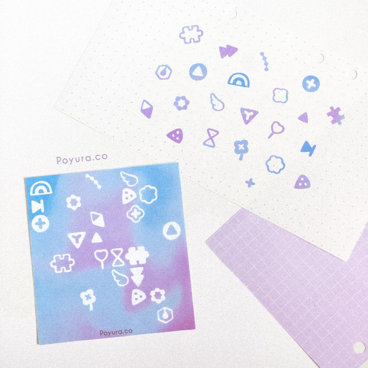 Borderless sticker with cute shape cutouts in different blue and purple tints