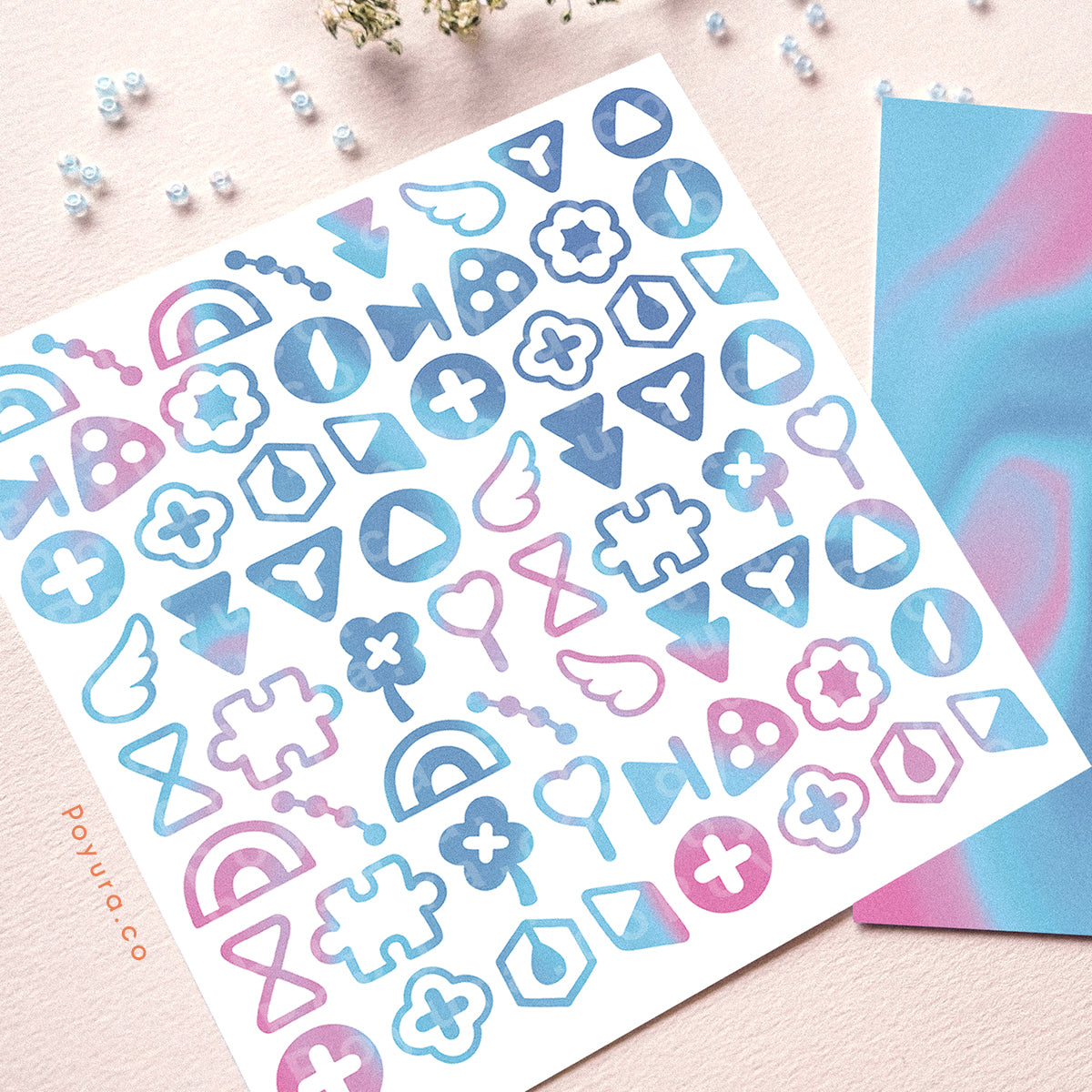 Borderless sticker with cute shape cutouts in different blue and purple tints