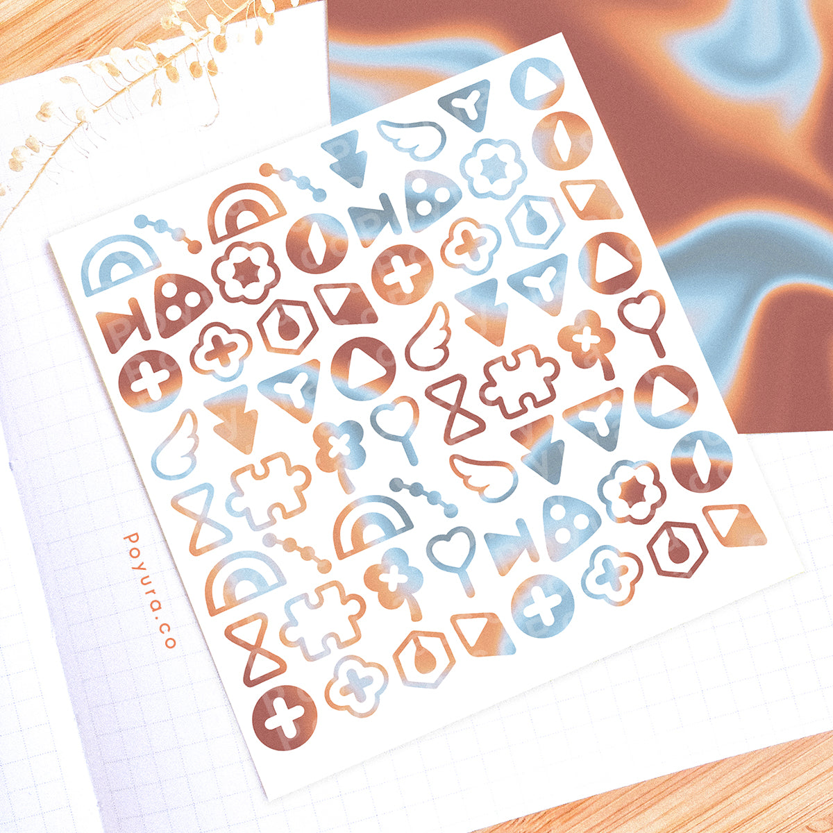 Borderless sticker with cute shape cutouts in different blue and brown tints